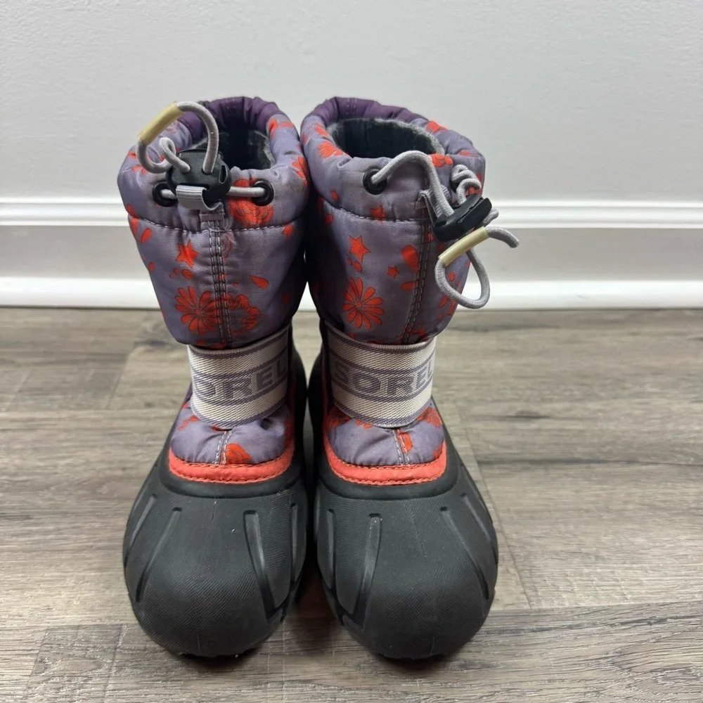 Sorel Cub Winter Boots Youth Size 12 Floral Purple & Black Pull On Waterproof